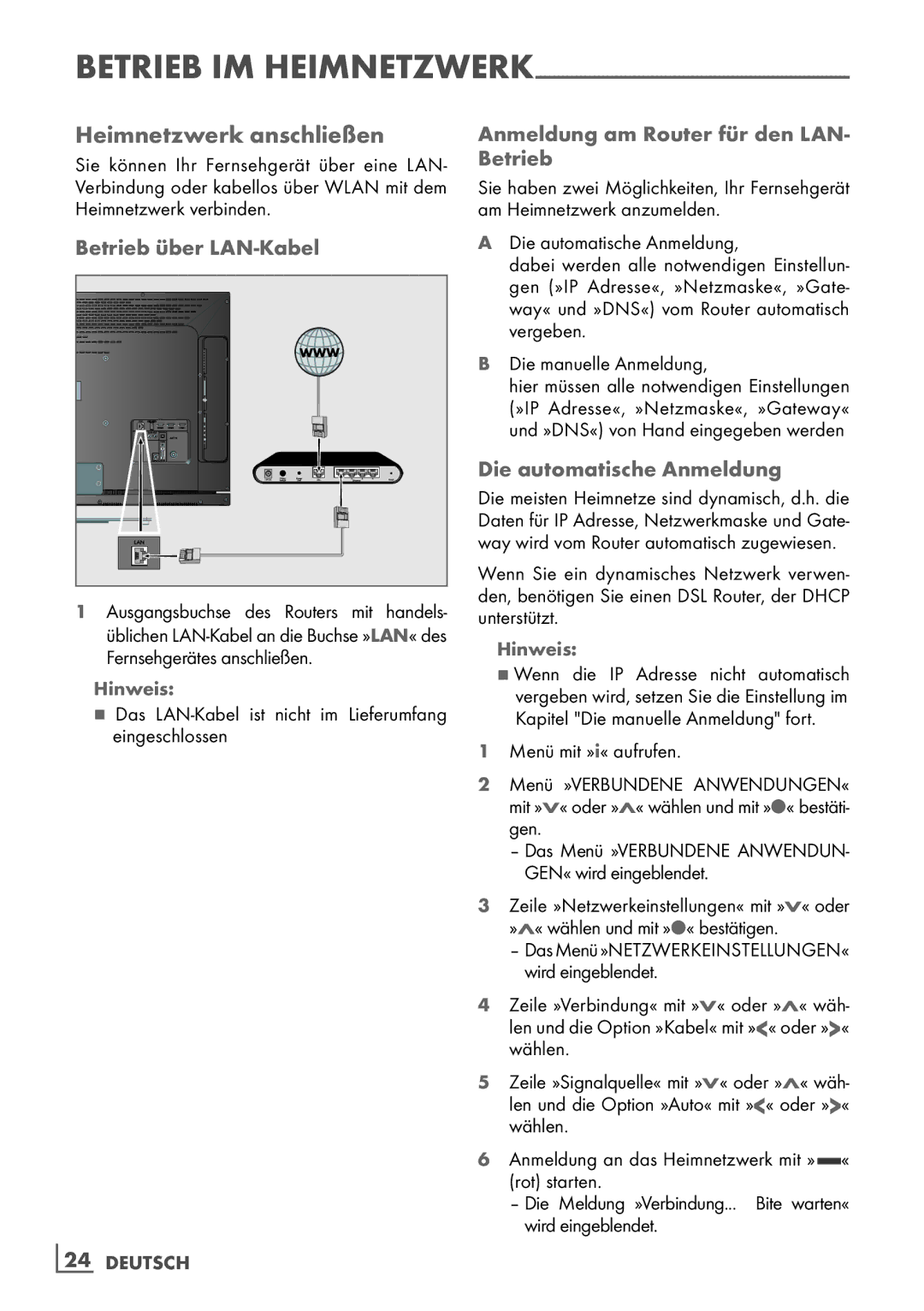 Grundig 32 VLE 7140 C manual Heimnetzwerk anschließen, Betrieb über LAN-Kabel, Anmeldung am Router für den LAN- Betrieb 