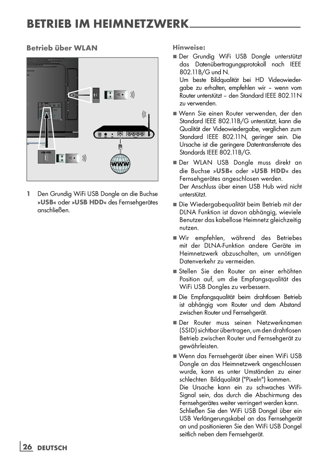 Grundig 32 VLE 7140 C manual Betrieb über Wlan, Der Anschluss über einen USB Hub wird nicht unterstützt 