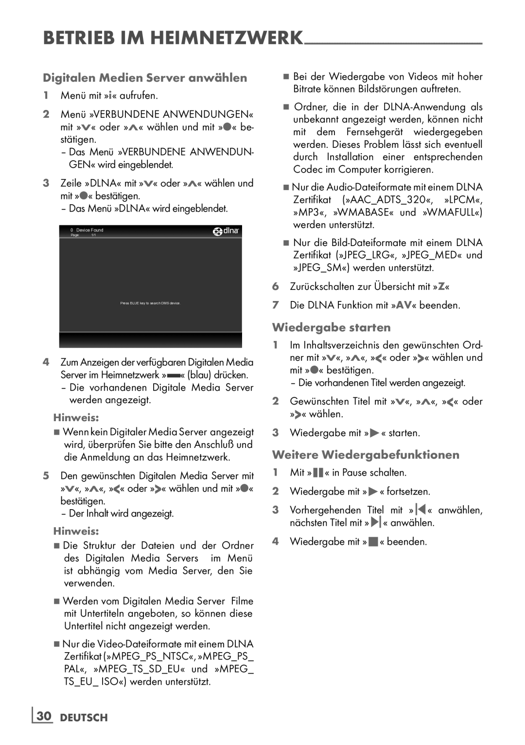 Grundig 32 VLE 7140 C manual Digitalen Medien Server anwählen, Wiedergabe starten, Weitere Wiedergabefunktionen 