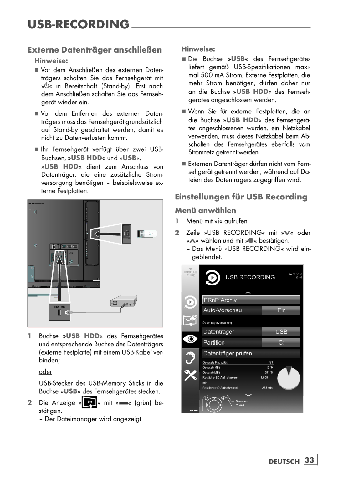 Grundig 32 VLE 7140 C manual Externe Datenträger anschließen, Einstellungen für USB Recording, Menü anwählen 