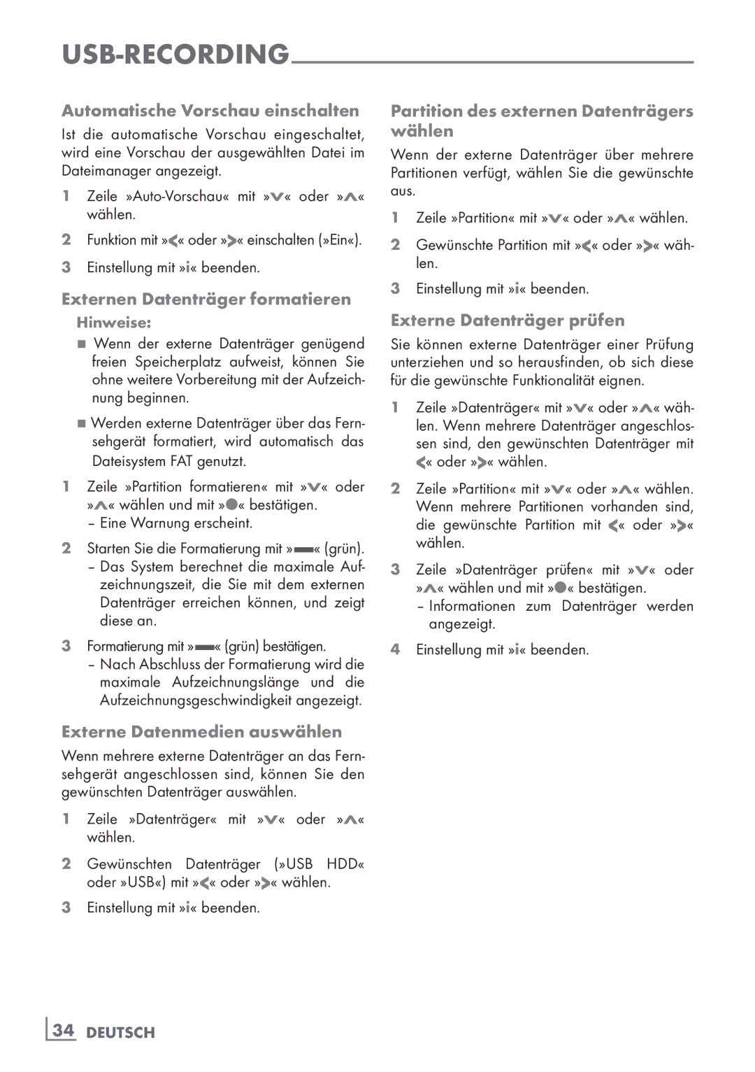 Grundig 32 VLE 7140 C Automatische Vorschau einschalten, Externen Datenträger formatieren, Externe Datenträger prüfen 