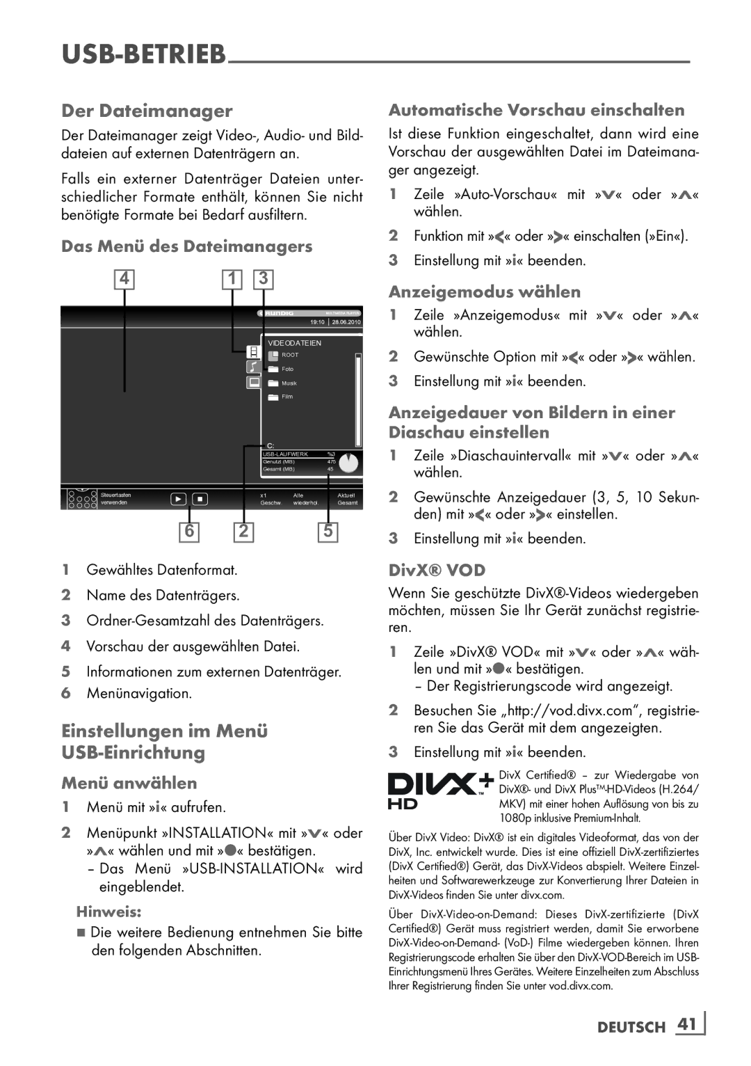 Grundig 32 VLE 7140 C manual Der Dateimanager, Einstellungen im Menü USB-Einrichtung, Anzeigemodus wählen, DivX VOD 