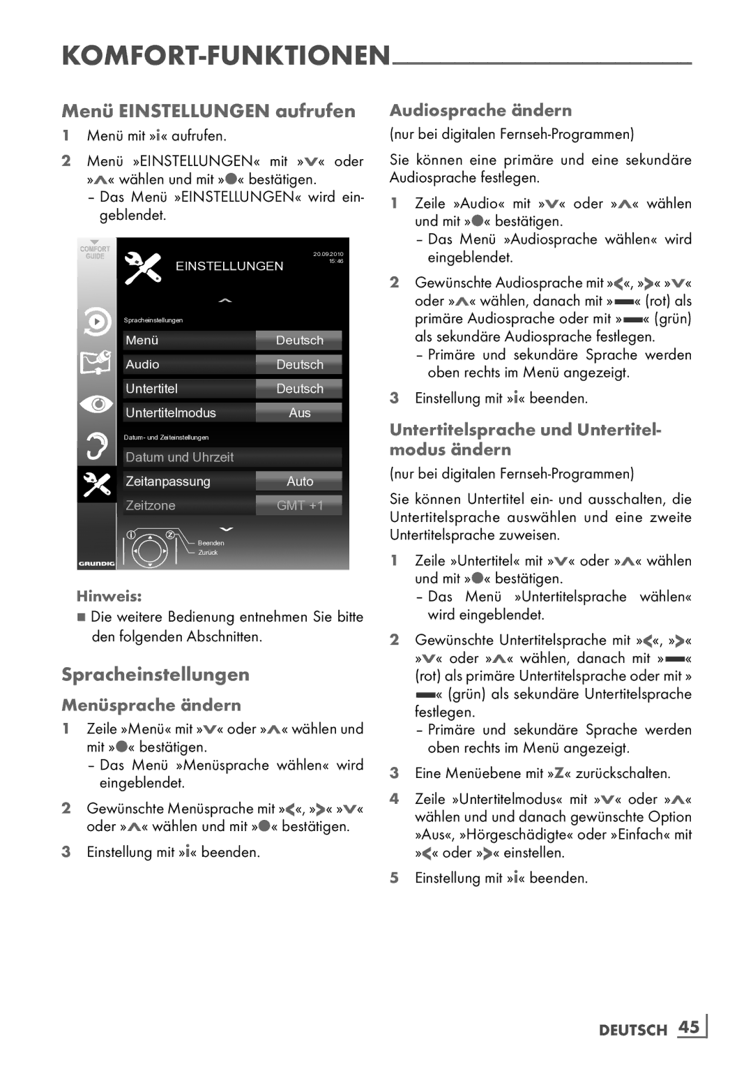 Grundig 32 VLE 7140 C manual Menü Einstellungen aufrufen, Spracheinstellungen 