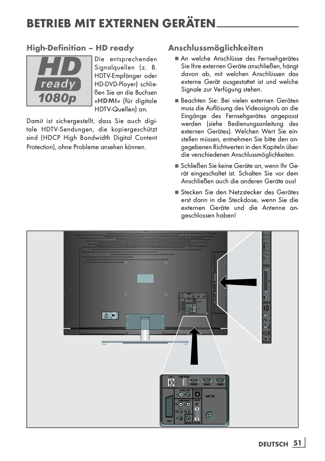 Grundig 32 VLE 7140 C manual High-Definition HD ready Anschlussmöglichkeiten, »HDMI« für digitale HDTV-Quellen an 