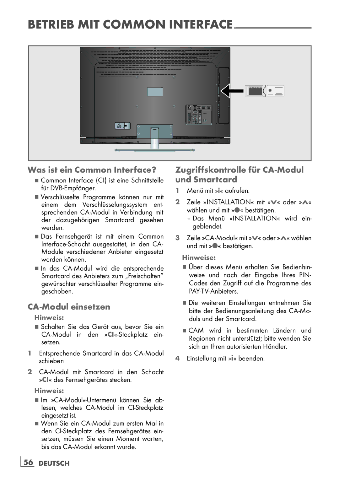 Grundig 32 VLE 7140 C Was ist ein Common Interface?, CA-Modul einsetzen, Zugriffskontrolle für CA-Modul und Smartcard 