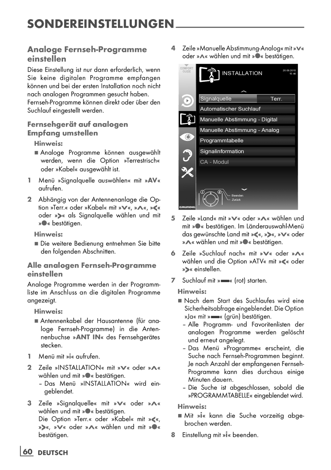 Grundig 32 VLE 7140 C manual Analoge Fernseh-Programme einstellen, Fernsehgerät auf analogen ­Empfang umstellen 