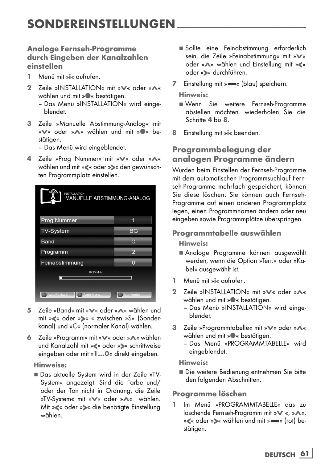 Grundig 32 VLE 7140 C manual Programmbelegung der analogen­ Programme ändern, Programmtabelle auswählen 