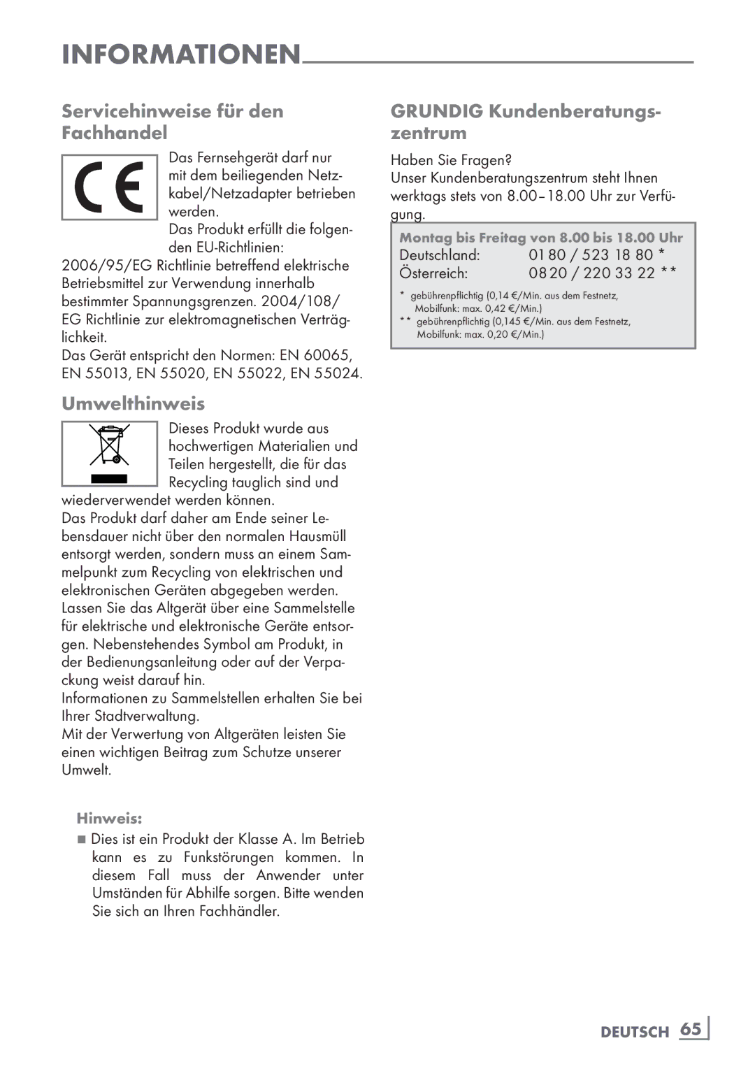 Grundig 32 VLE 7140 C manual Servicehinweise für den Fachhandel­, Grundig Kundenberatungs- zentrum, Umwelthinweis 