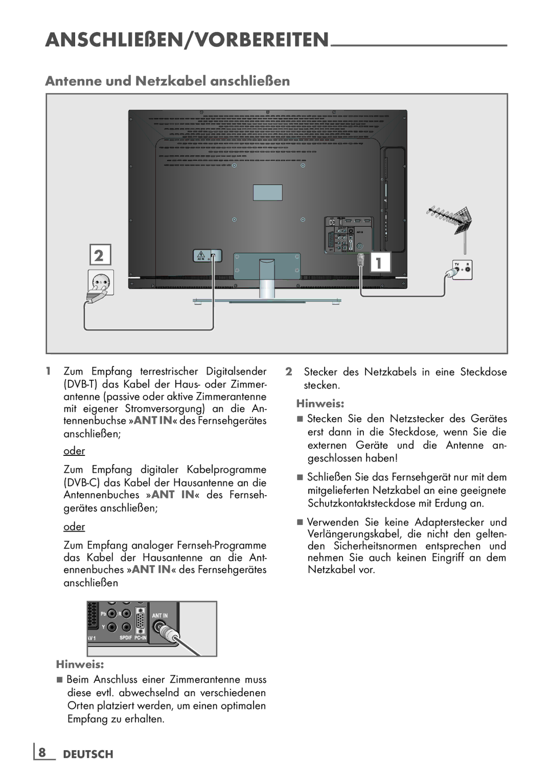 Grundig 32 VLE 7140 C manual Antenne und Netzkabel anschließen, AnschlieSen/Vorbereiten, Hinweis 