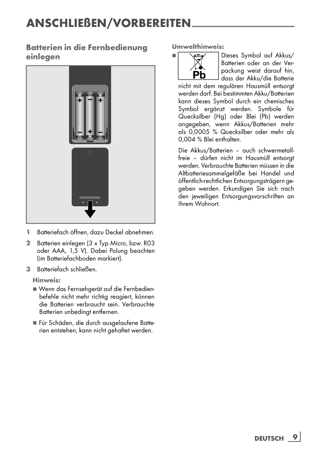 Grundig 32 VLE 7140 C manual Batterien in die Fernbedienung, Einlegen, Umwelthinweis 