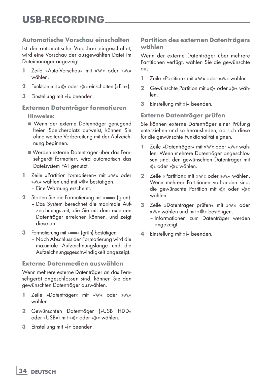 Grundig 32 VLE 7150 C Automatische Vorschau einschalten, Externen Datenträger formatieren, Externe Datenträger prüfen 