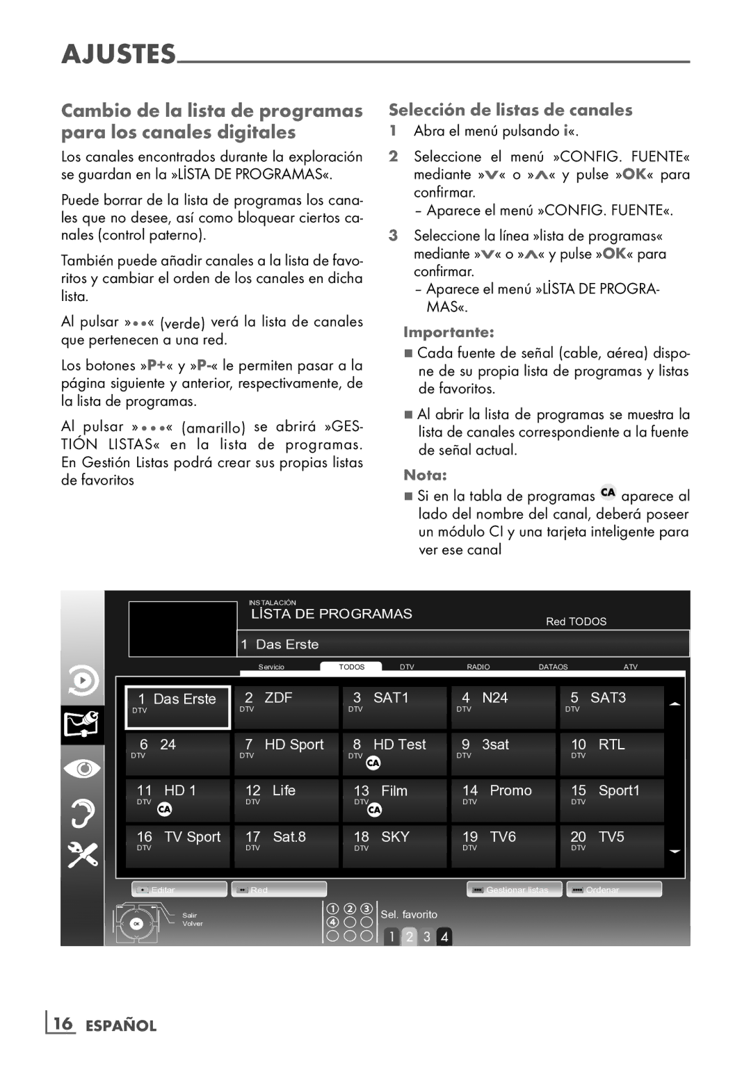 Grundig 32 VLE 7229 BF manual Cambio de la lista de programas para los canales digitales, Selección de listas de canales 