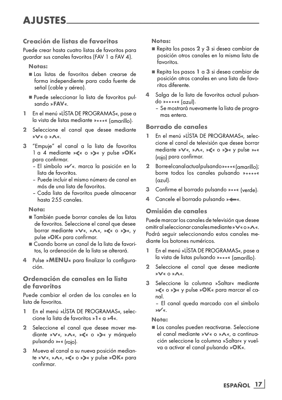 Grundig 32 VLE 7229 BF Creación de listas de favoritos, Ordenación de canales en la lista de favoritos, Borrado de canales 