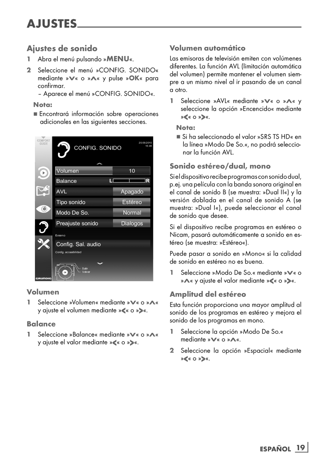 Grundig 32 VLE 7229 BF manual Ajustes de sonido 