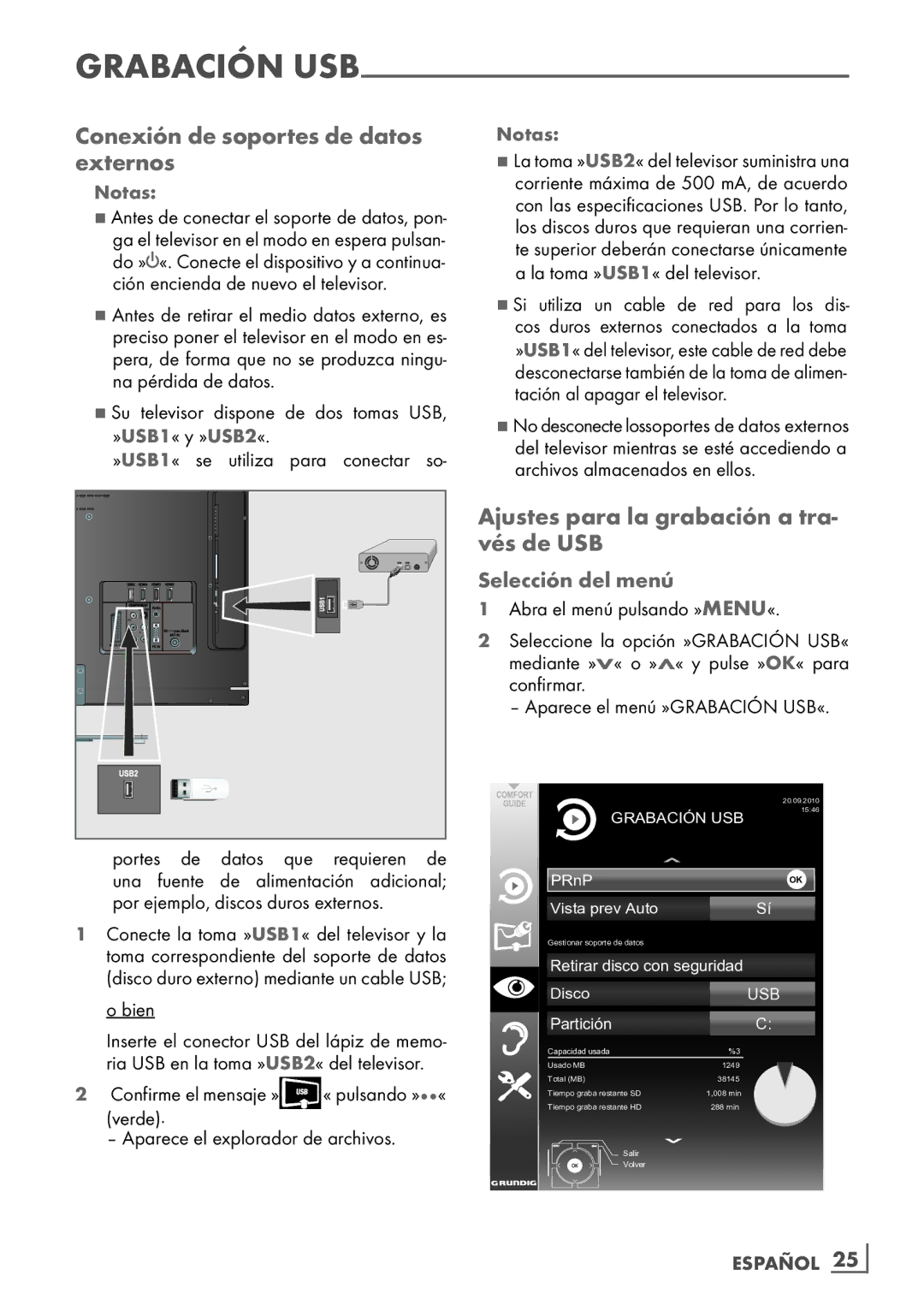 Grundig 32 VLE 7229 BF Conexión de soportes de datos externos, Ajustes para la grabación a tra- vés de USB, Español ­25 