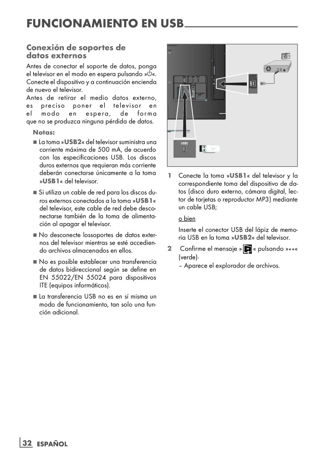 Grundig 32 VLE 7229 BF manual Conexión de soportes de ­ datos externos, ­32 Español 