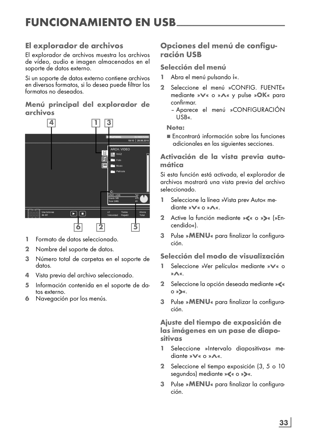 Grundig 32 VLE 7229 BF manual El explorador de archivos, Opciones del menú de configu- ración USB, Español ­33 