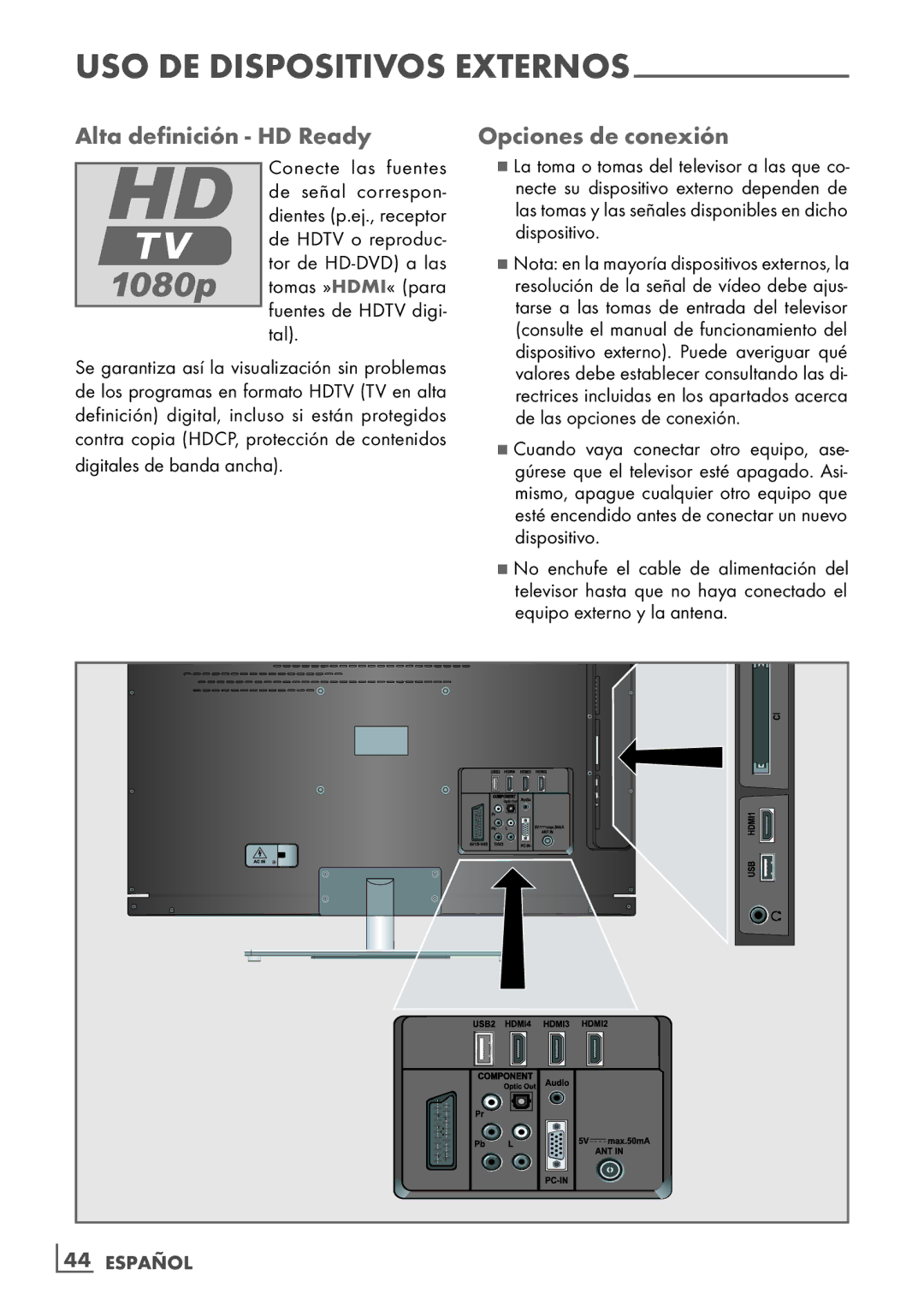 Grundig 32 VLE 7229 BF manual Alta definición HD Ready Opciones de conexión, Tomas »HDMI« para fuentes de Hdtv digi- tal 