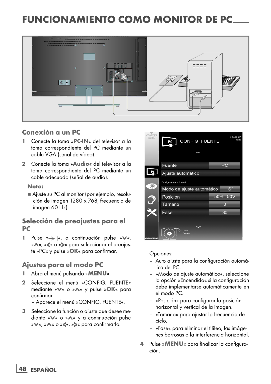 Grundig 32 VLE 7229 BF manual Conexión a un PC, Selección de preajustes para el, Ajustes para el modo PC, ­48 Español 