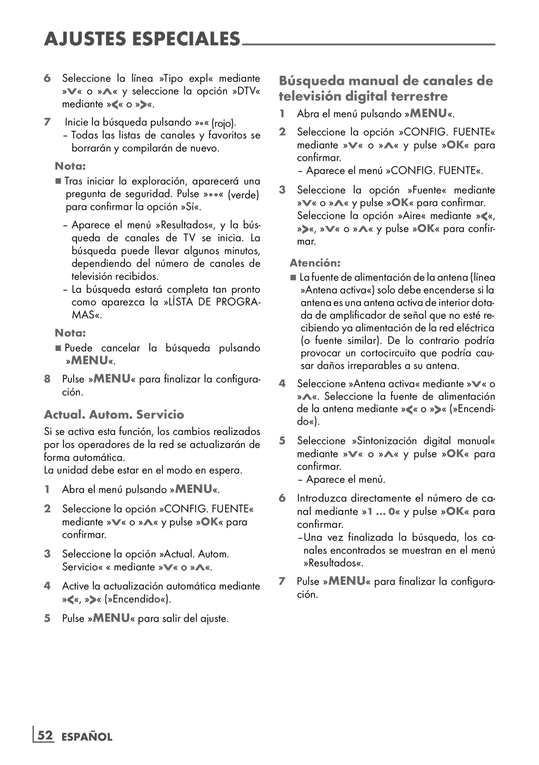 Grundig 32 VLE 7229 BF Búsqueda manual de canales de televisión digital terrestre, Actual. Autom. Servicio, ­52 Español 