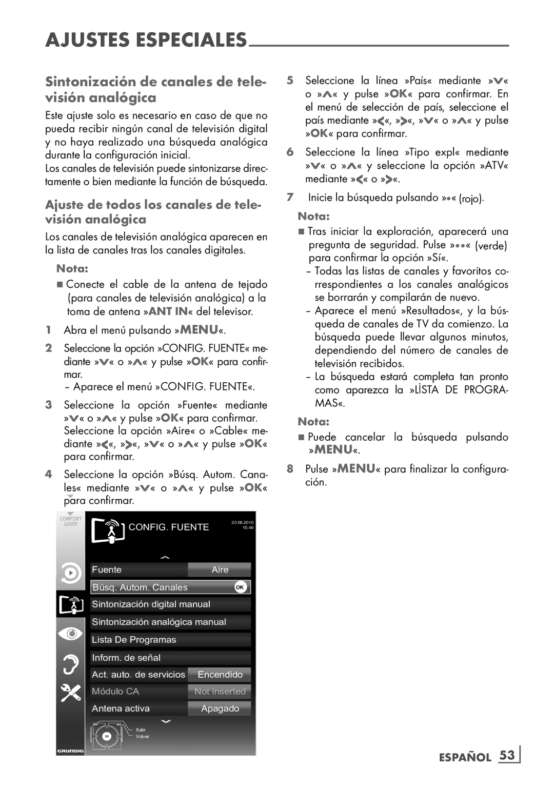 Grundig 32 VLE 7229 BF manual Sintonización de canales de tele- visión analógica, Español ­53 