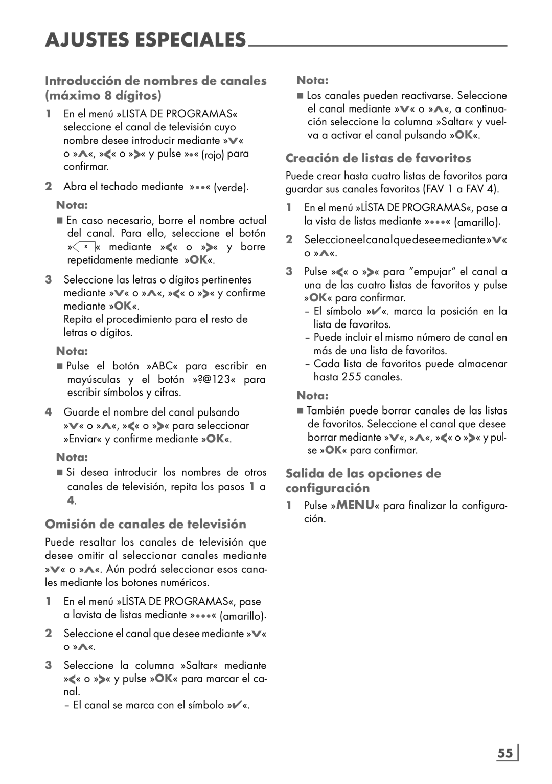 Grundig 32 VLE 7229 BF Introducción de nombres de canales máximo 8 dígitos, Omisión de canales de televisión, Español ­55 