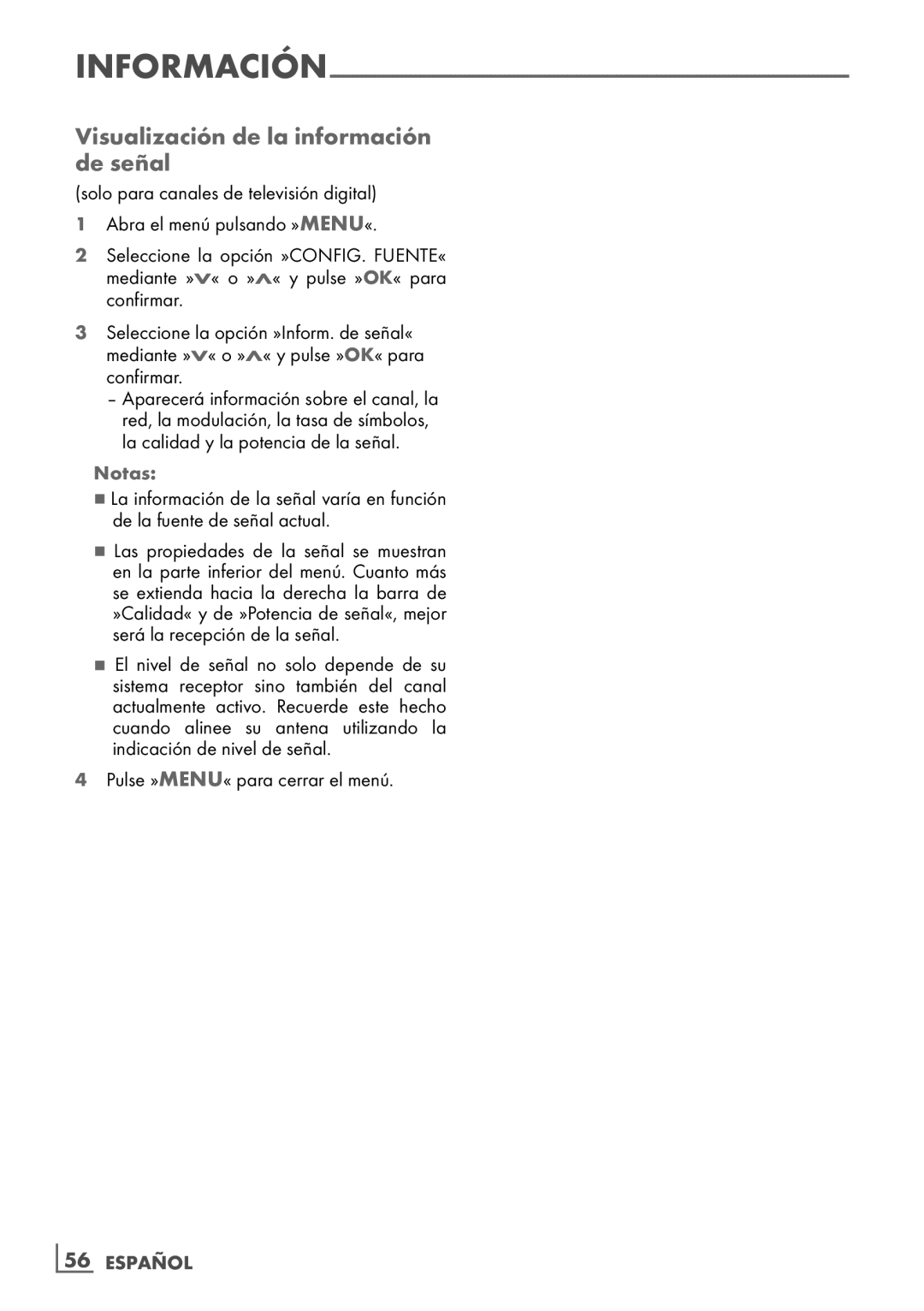 Grundig 32 VLE 7229 BF manual Visualización de la información de señal, ­56 Español 