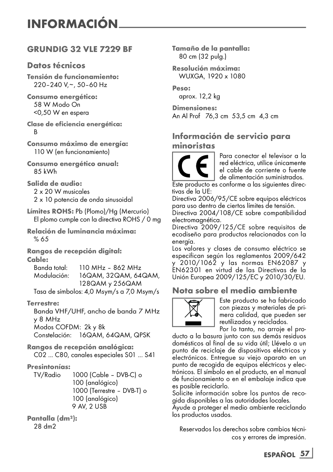 Grundig Grundig 32 VLE 7229 BF Datos técnicos, Información de servicio para minoristas, Nota sobre el medio ambiente 