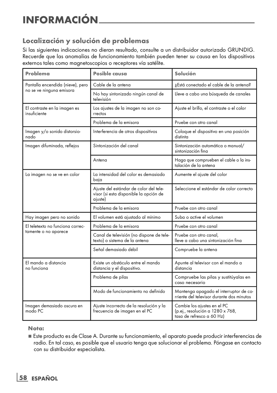 Grundig 32 VLE 7229 BF manual Localización y solución de problemas, ­58 Español 