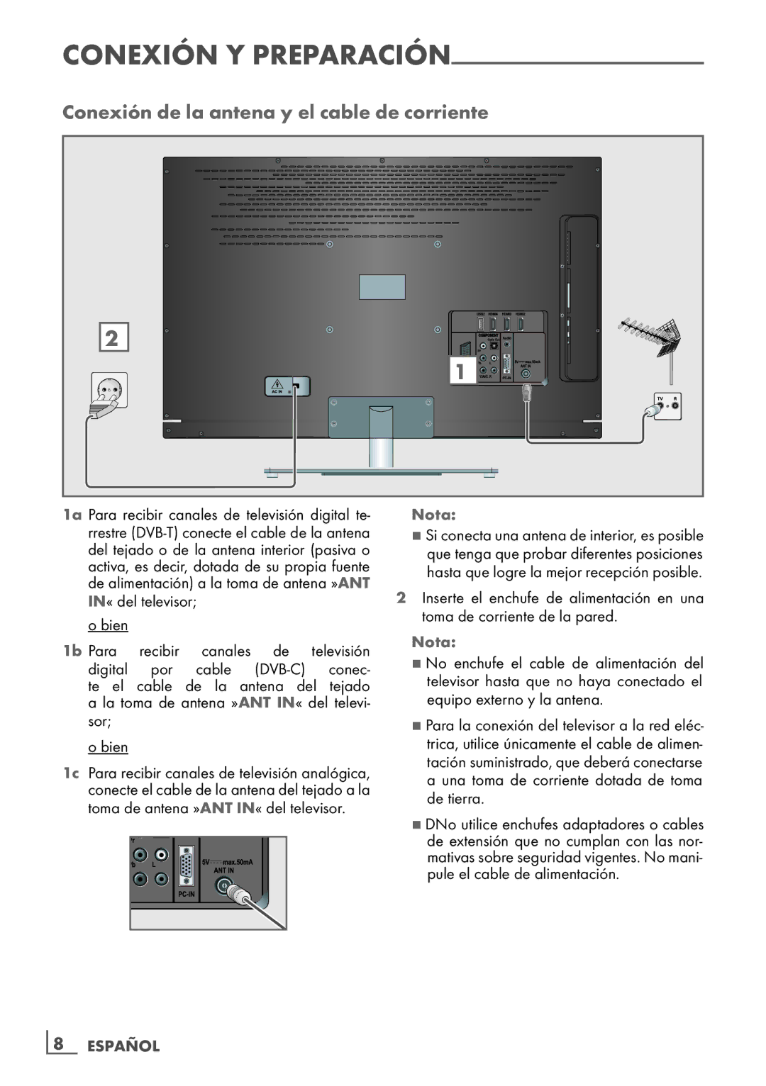 Grundig 32 VLE 7229 BF manual Conexión de la antena y el cable de corriente, Conexión y preparación, Nota, ­8 Español 