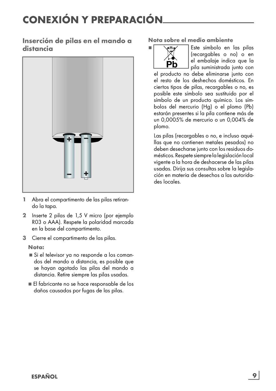 Grundig 32 VLE 7229 BF manual Inserción de pilas en el mando a distancia, Nota sobre el medio ambiente, Español ­9 