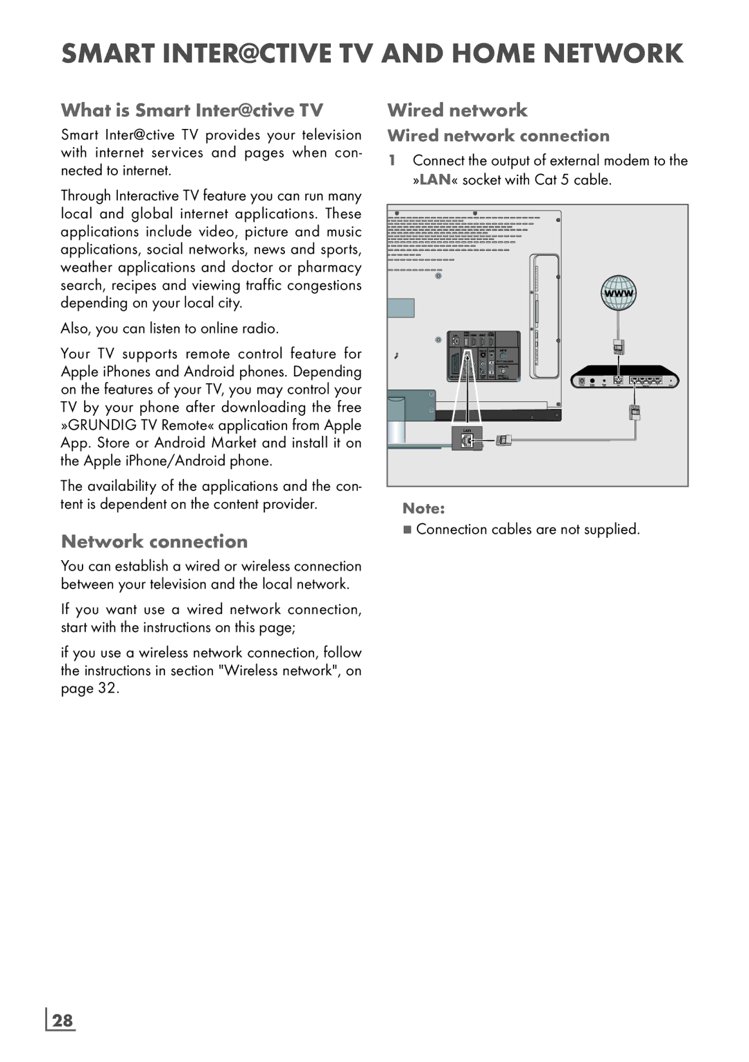 Grundig 32 VLE 8130 BL manual What is Smart Inter@ctive TV, Network connection, Wired network connection, ­28 English 