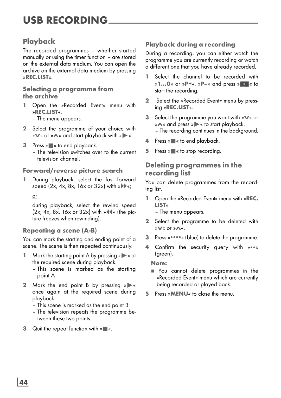 Grundig 32 VLE 8130 BL manual Playback, Deleting programmes in the recording list 