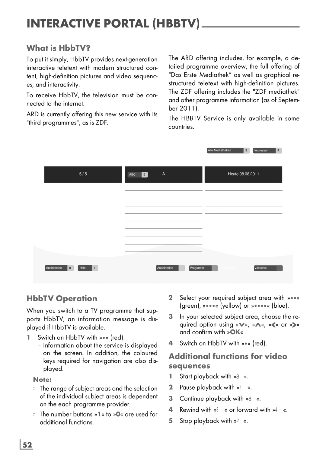 Grundig 32 VLE 8130 BL manual What is HbbTV?, HbbTV Operation, Additional functions for video sequences, ­52 English 