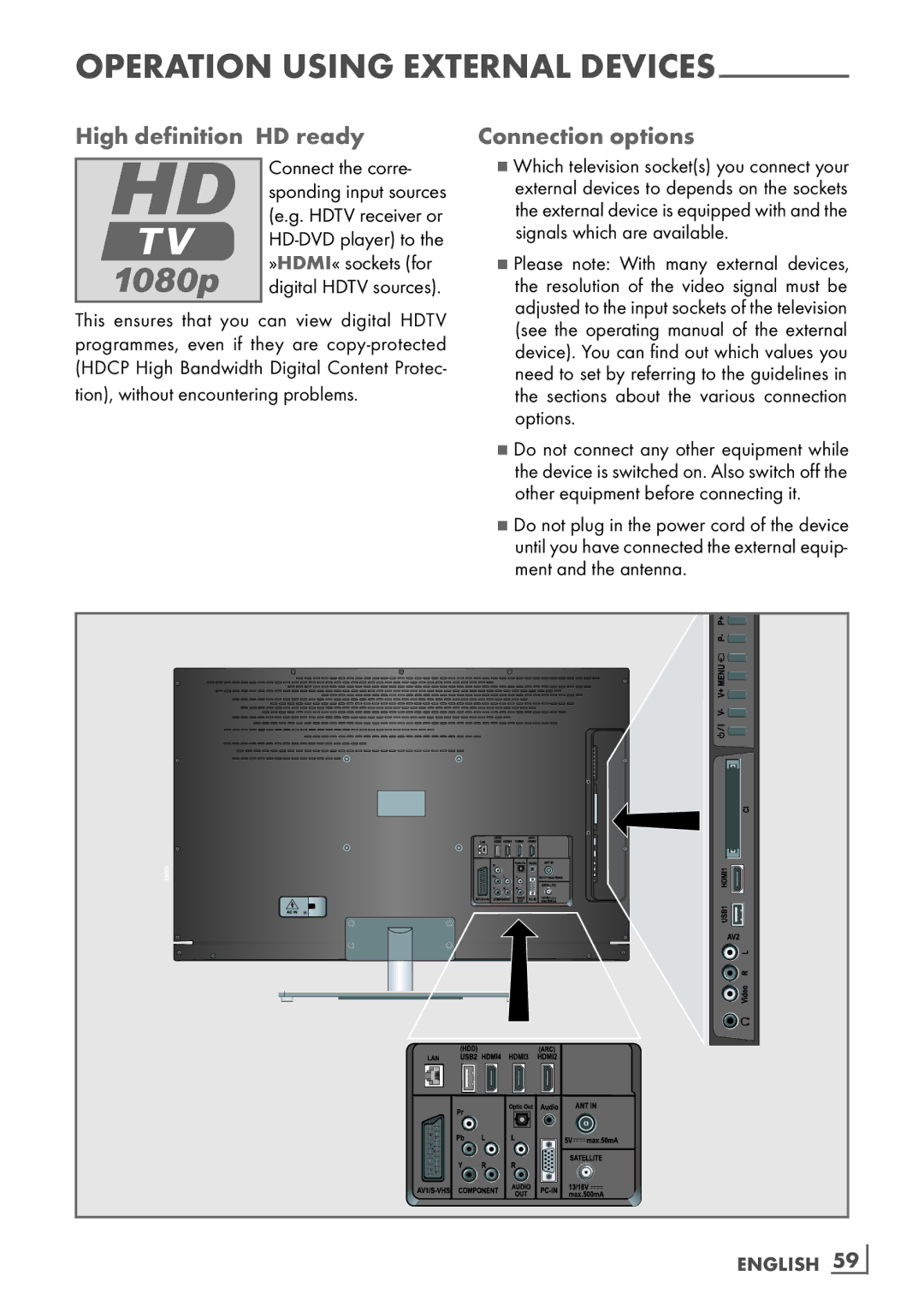 Grundig 32 VLE 8130 BL manual High definition ­HD ready Connection options, English ­59 