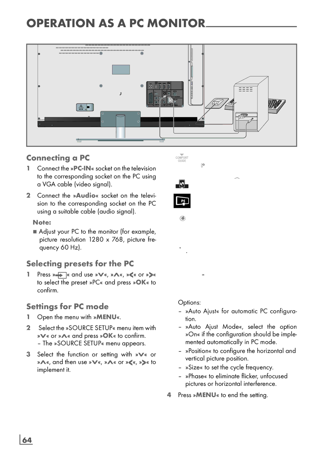 Grundig 32 VLE 8130 BL manual Connecting a PC, Selecting presets for the PC, Settings for PC mode, ­64 English 