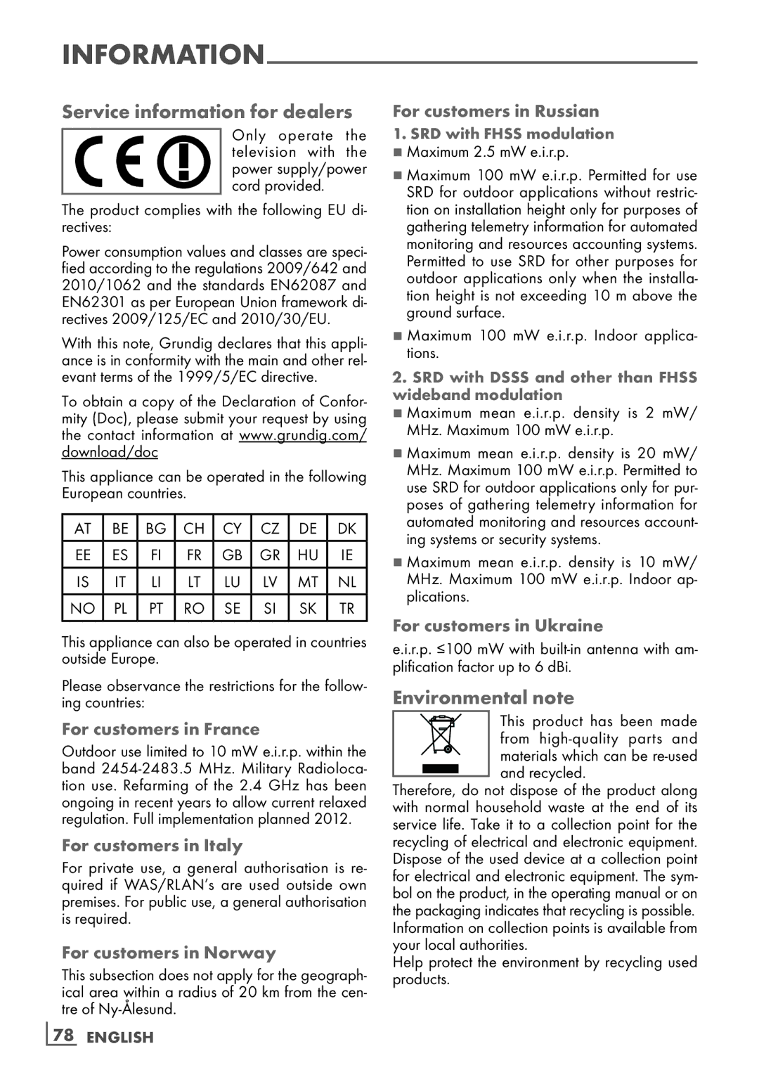 Grundig 32 VLE 8130 BL manual Service information for dealers, Environmental note 