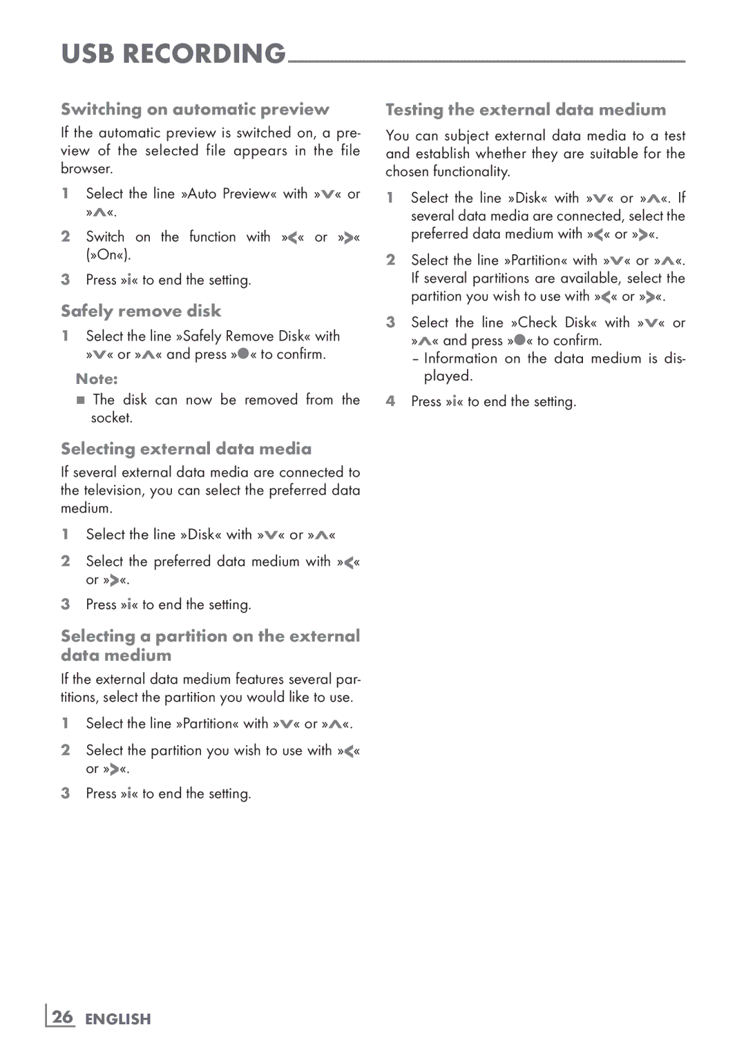 Grundig 32 VLE 8131 WF manual Switching on automatic preview, Safely remove disk, Testing the external data medium 