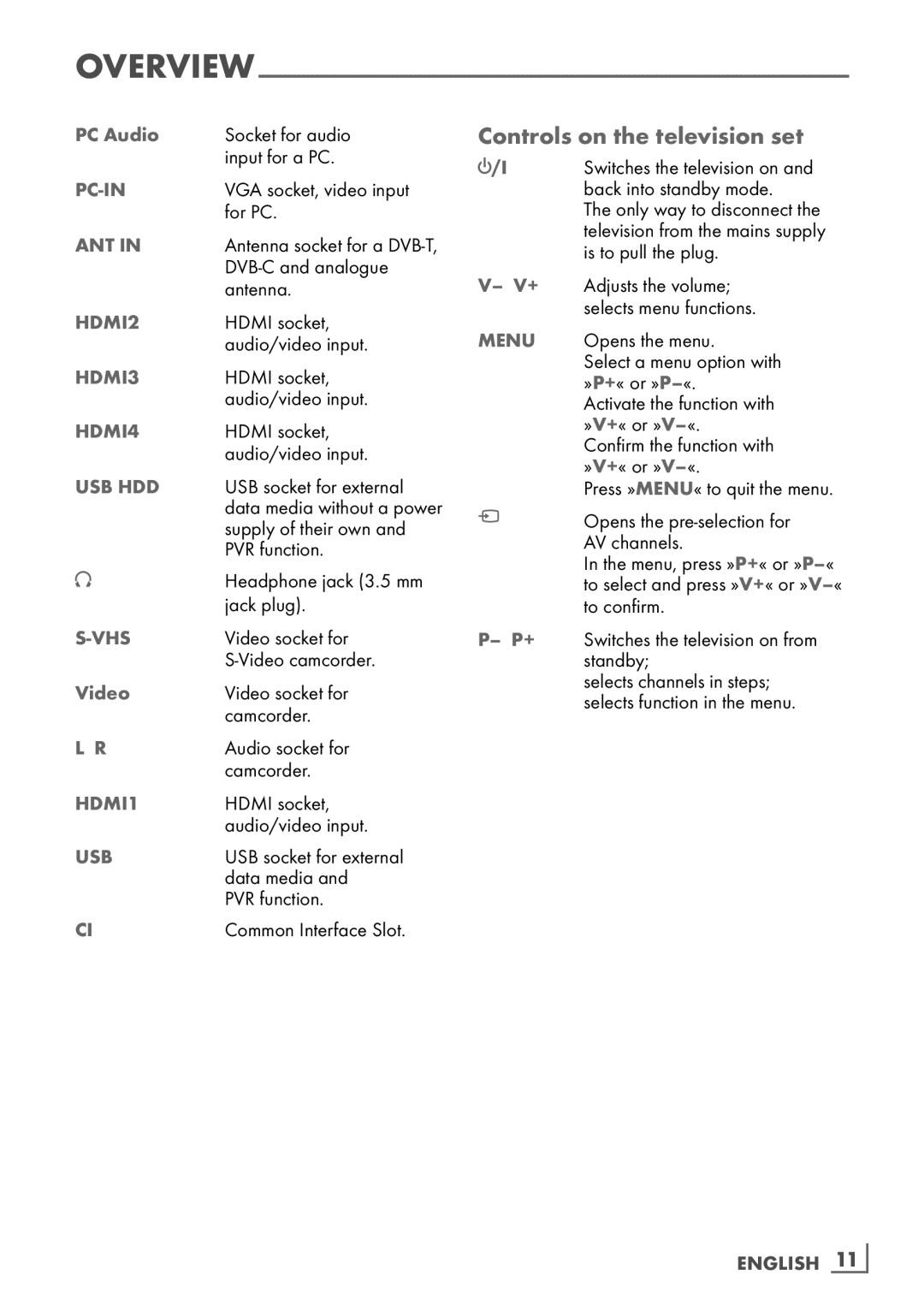 Grundig 32VLC9140S manual Controls on the television set, PC Audio, Video, English ­11 