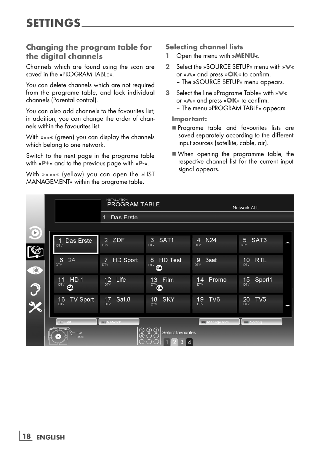 Grundig 32VLC9140S manual Changing the program table for the digital channels, Selecting channel lists, ­18 English 