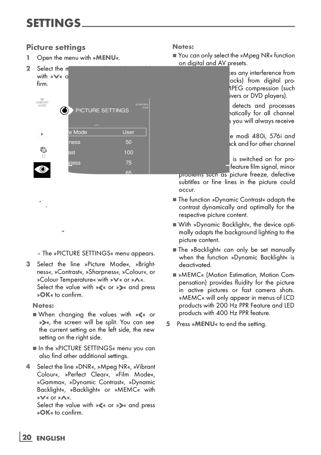 Grundig 32VLC9140S Picture settings, Setting­ on the right side, As from DVB-T receivers or DVD players­, ­20 English 