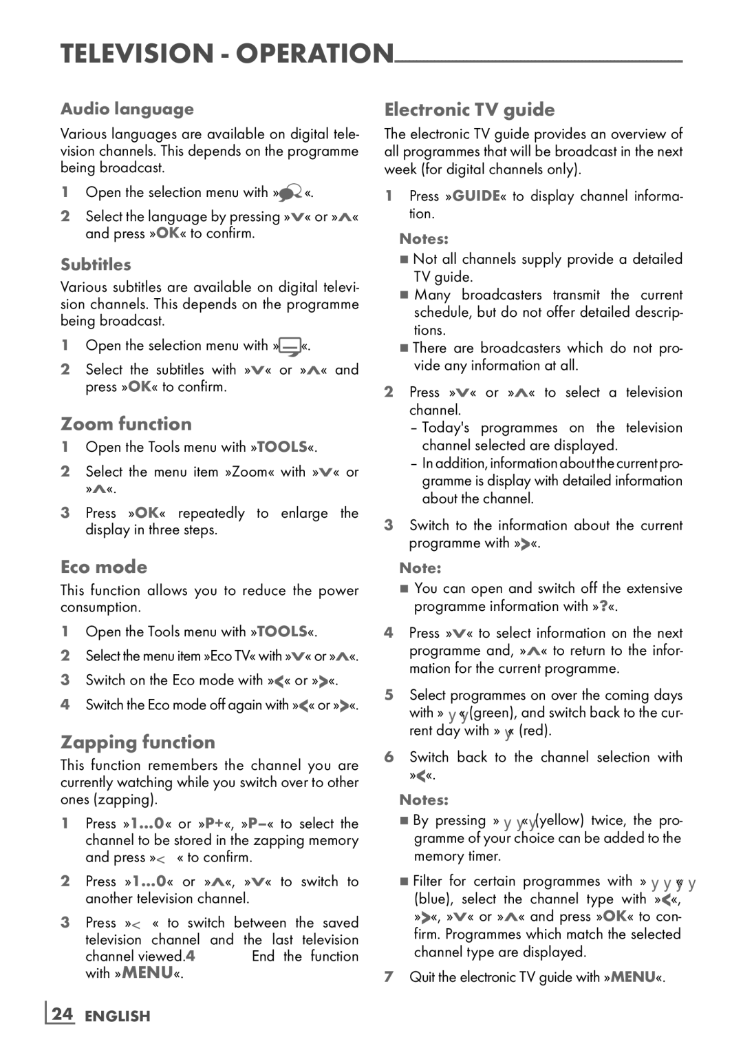 Grundig 32VLC9140S manual Zoom function, Eco mode, Zapping function, Electronic TV guide 