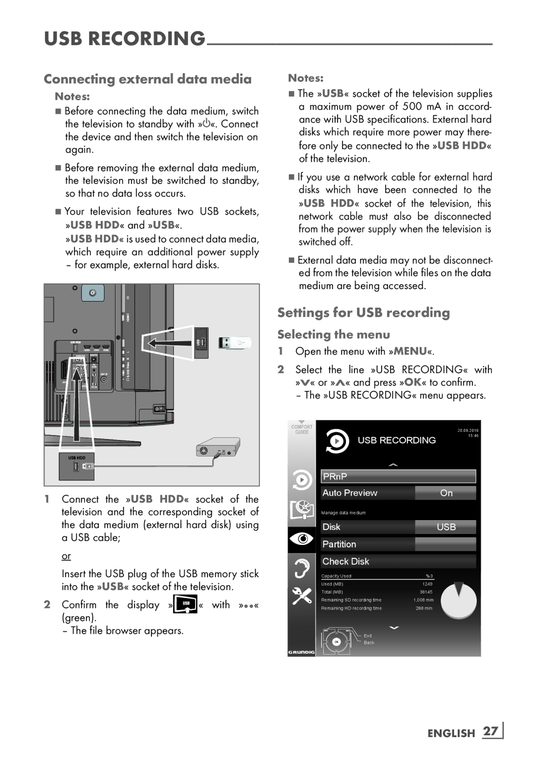 Grundig 32VLC9140S manual Connecting external data media, Settings for USB recording, Selecting the menu, English 27­ 