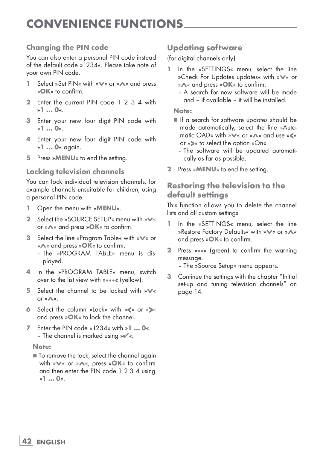 Grundig 32VLC9140S manual Updating software, Restoring the television to the default settings, Locking television channels 