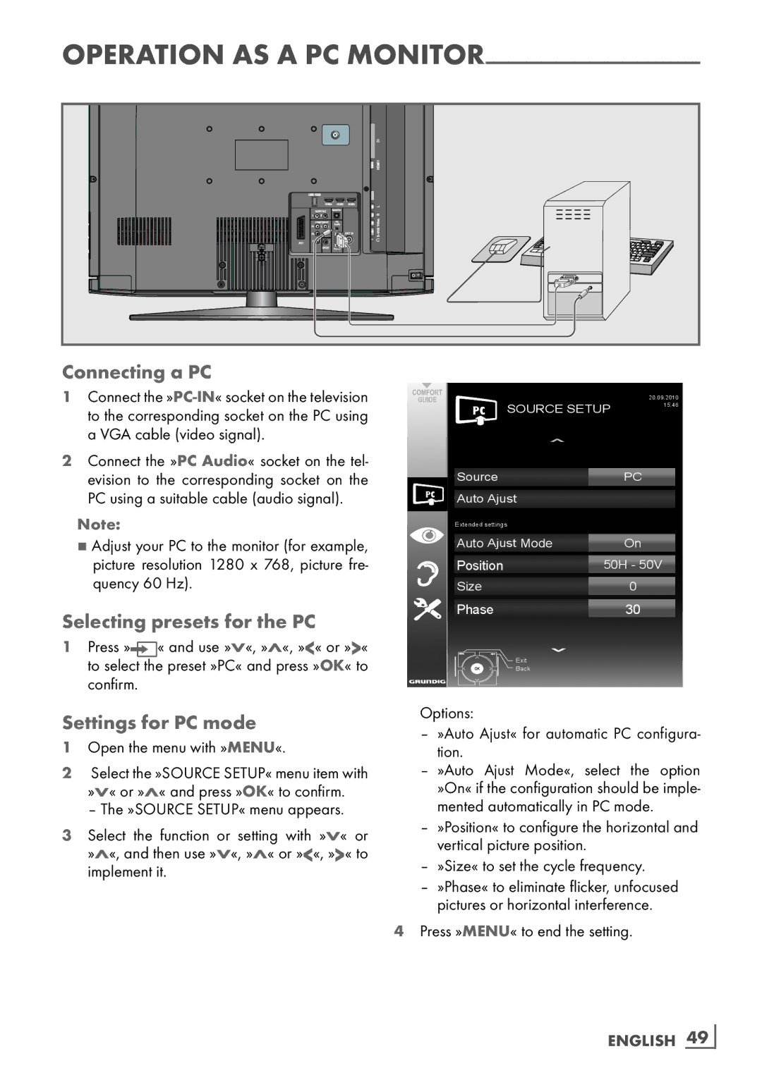 Grundig 32VLC9140S manual Connecting a PC, Selecting presets for the PC, Settings for PC mode, English ­49 