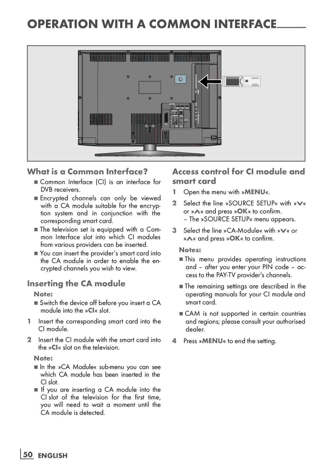 Grundig 32VLC9140S manual What is a Common Interface?, Inserting the CA module, Access control for CI module and smart card 