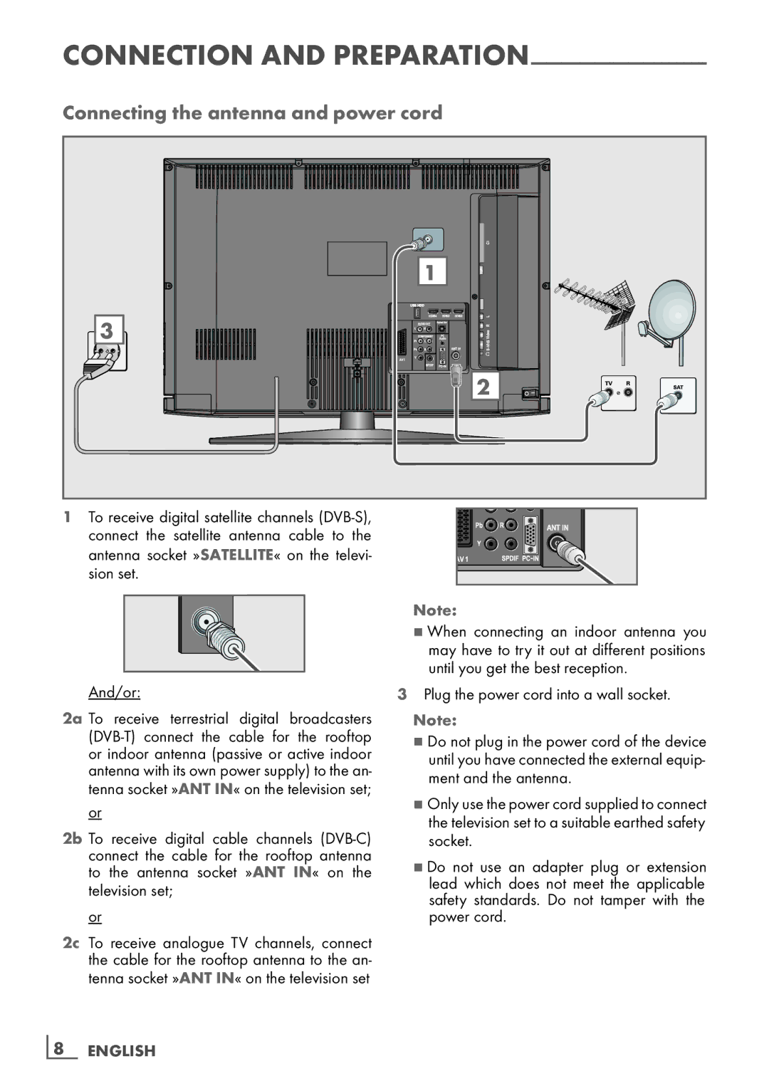 Grundig 32VLC9140S manual Connecting the antenna and power cord, Connection and preparation, ­8 English 