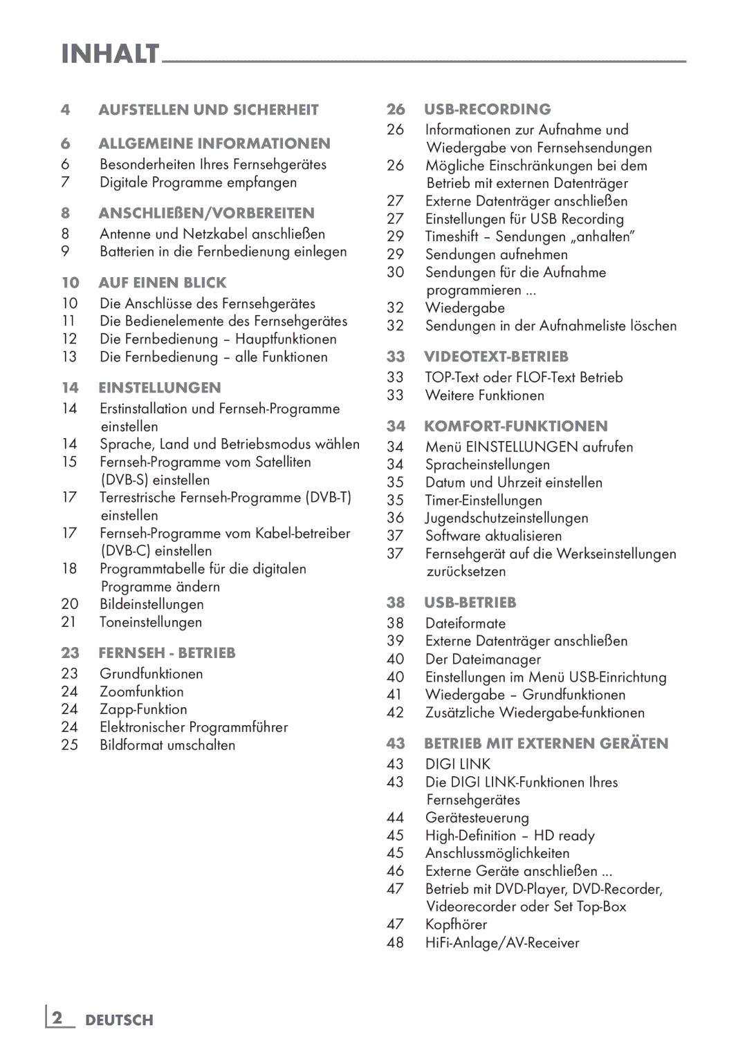 Grundig 37 VCL 2015 TE Allgemeine Informationen, AnschlieSen/Vorbereiten, Auf einen Blick, Einstellungen, Fernseh Betrieb 