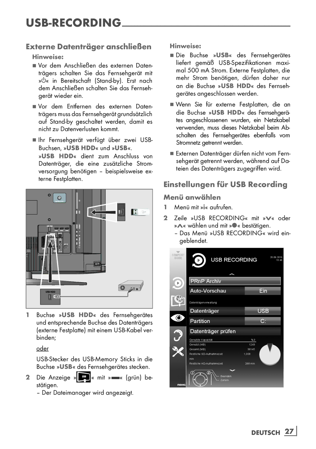 Grundig 37 VCL 2015 TE manual Externe Datenträger anschließen, Einstellungen für USB Recording, Menü anwählen 