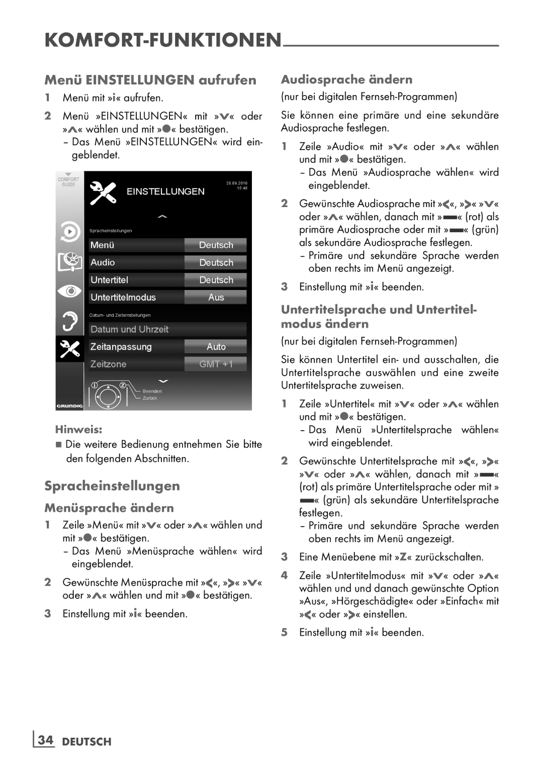 Grundig 37 VCL 2015 TE manual Menü Einstellungen aufrufen, Spracheinstellungen 